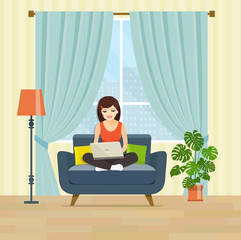 Happy young woman is relaxing on comfortable couch and using laptop at living room. Vector flat illustration
