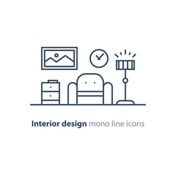 Simple interior, apartment design services, line furniture icons set