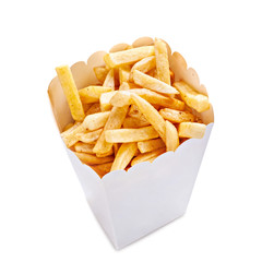 French fries in a  paper bag isolated on a white background.