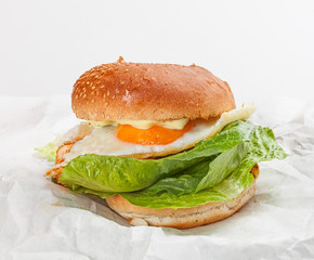 Tasty hamburger with egg on the white paper.