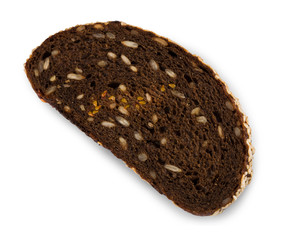Slice of whole grain rye bread isolated on white background