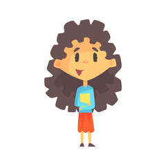 Girly Girl With Long Dark Hair Holding Books, Primary School Kid, Elementary Class Member, Isolated Young Student Character