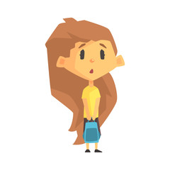Surprised And Sad Girl With Long Brown Hair, Primary School Kid, Elementary Class Member, Isolated Young Student Character
