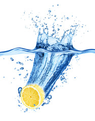 Lemon falling in water. Isolated on a white