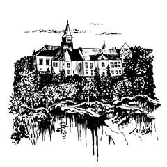 Obraz premium Drawing landscape view of the castle Hruba Skala in the Bohemian Paradise on the shore of a stony precipice, in the Czech Republic, sketch, hand-drawn vector illustration