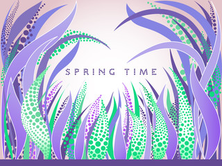 Horizontal card with purple lettering "Spring time" on light background with floristic graphic ornament - vector illustration