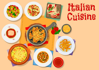 Italian cuisine icon with pasta, soup and cake