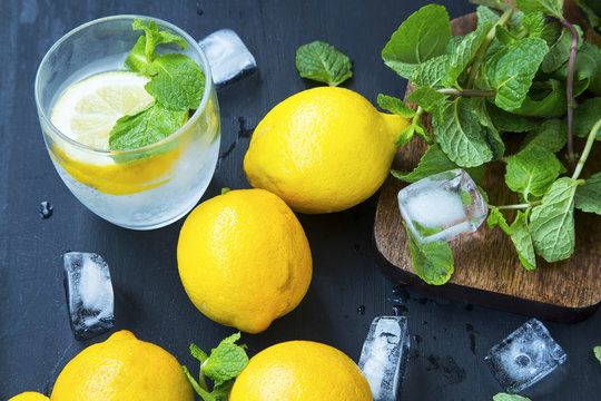 Lemon soda with mint leaves and ice cubes, fresh citrus infused water ingredients