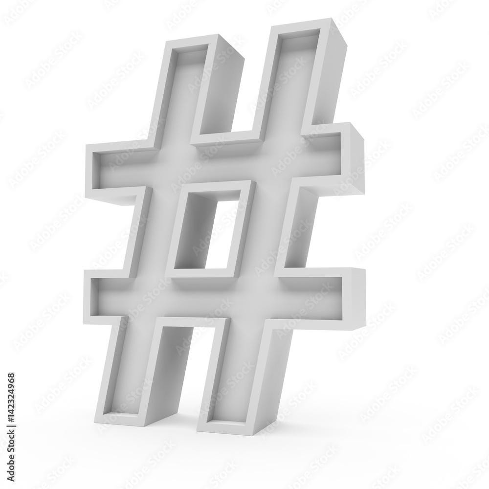 Fototapete 3d Rendering grey material Hash symbol isolated white background