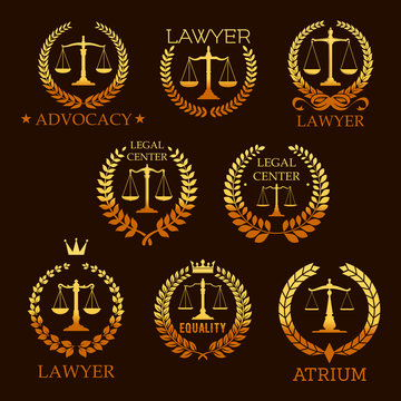 Lawyer golden emblem set with scale of justice