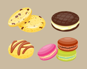 Different cookie homemade breakfast bake cakes isolated and tasty snack biscuit pastry delicious sweet dessert bakery eating vector illustration.