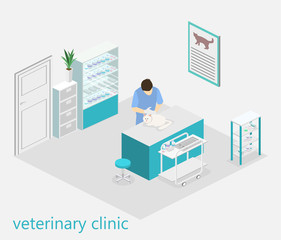 Flat 3D illustration Isometric interior of veterinary clinic.