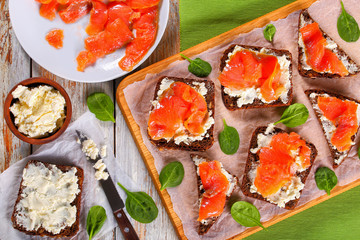 delicious rye bread toasts with salmon