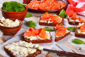 toasts with cream cheese and red fish