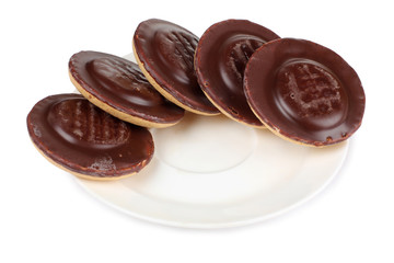Sweet cookie and plate on white background