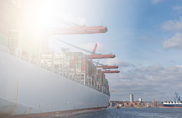 industrial harbor with vessels and container ship loading unloading in sunlight.