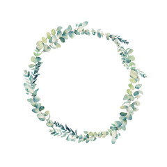 Watercolor eucalyptus wreath. Hand painted floral round frame isolated on white background.