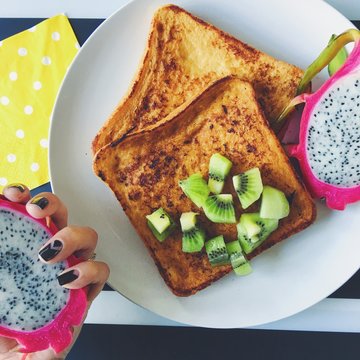 French toast breakfast with fruit kiwi and dragon fruit