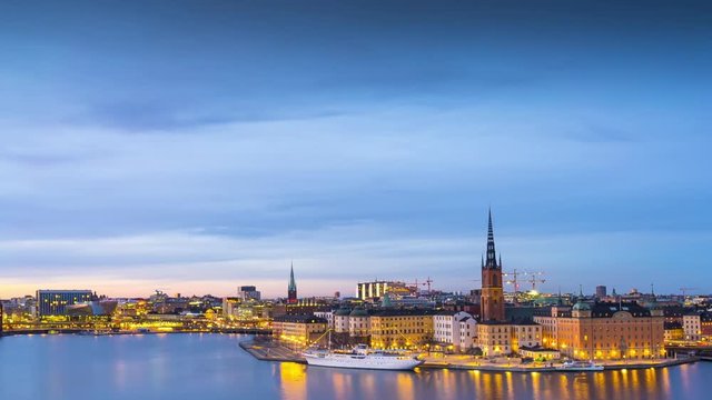 Panning time lapse of the city hall and the island Riddarholmen in central Stockholm at dusk. 