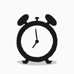 Black silhouette of an alarm clock. Painted by hand rough brush. Grunge. Isolated on white background.