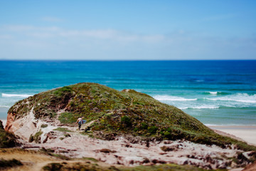 Fototapeta na wymiar Mann mit Surfbrett an der Küste Portugals, Peniche, Baleal