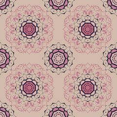 Seamless pattern with beautiful colorful mandalas. Vector ornaments in grunge style 