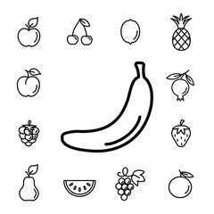 banana fruit with leaf line icons set black on white