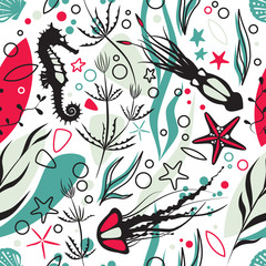 Marine life, underwater world modern design seamless pattern for wrapping, textile, print. Algae, seashell and sea animals: jellyfish, seahorse, squid and starfish vector elements.