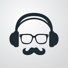 Icono plano auriculares con gafas y bigote en fondo degradado