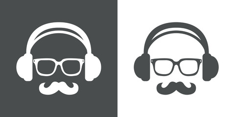 Icono plano auriculares con gafas y bigote gris y blanco