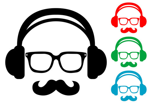 Icono plano auriculares con gafas y bigote varios colores