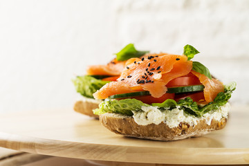Colorful tasty salted salmon with vegetables on sandwich. Bright background.
