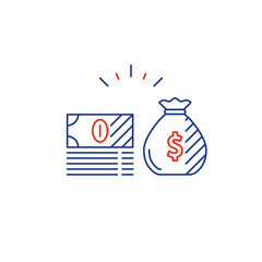 Long term investment plan, money bag and cash bills line icon