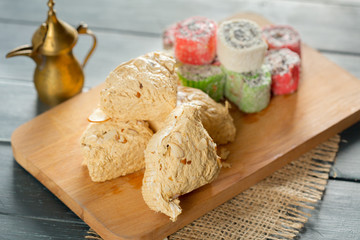 traditional eastern desserts on wooden background