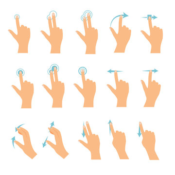 Hand icons showing commonly used multi-touch gestures for touchscreen tablets or smartphones. Flat design modern vector business concept.
