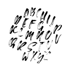 Hand drawn font made by dry brush strokes. Modern brush lettering. Grunge style alphabet. Vector illustration.