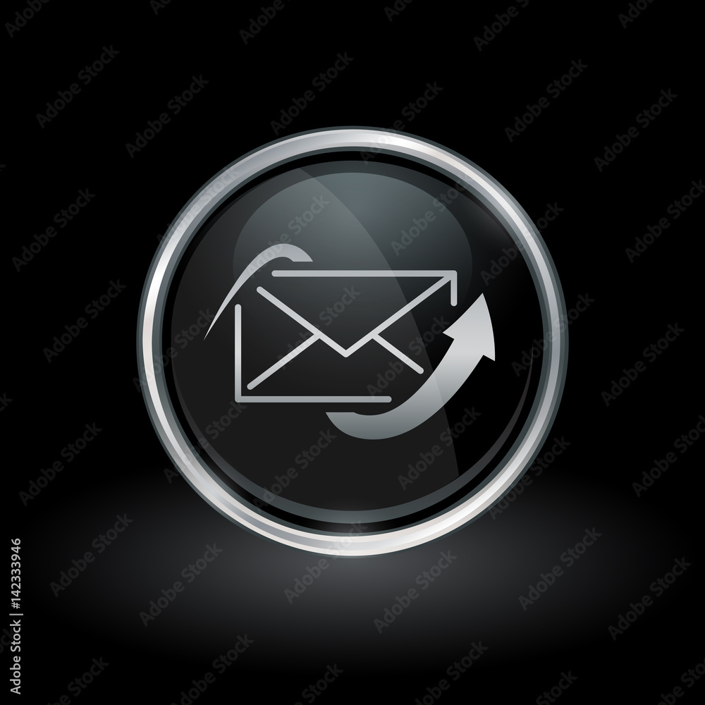 Wall mural email delivery symbol with envelope and arrow icon inside round chrome silver and black button emble
