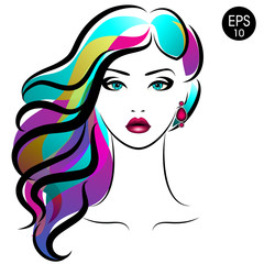 Vector Stock Woman with Colored hair. Beauty Girl Portrait with multicolored Hairstyle and Earrings