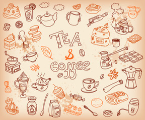 Big vector collection of doodle tae and coffee. Equipment and de