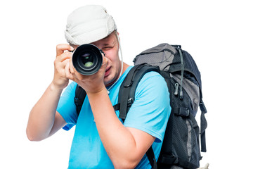 Professional photographer at work on the expedition is isolated