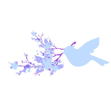 beautiful blue flowers, bird,, isolated  on a white