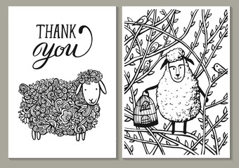 Vintage cards. Hand lettering words " thank you" And a lovely spring Openwork lamb in flowers and Sweet Sheep With a cage of bird in the branches . Spring holidays vector illustration.