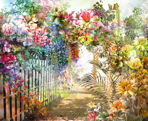 Fototapety  Malarstwo akwarela streszczenie kolorowe kwiaty. Wiosna wielokolorowa w .naturze