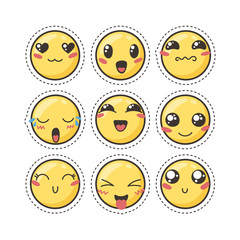 Set of cute lovely kawaii emoticon. Sticker collection.