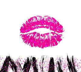 Grunge dirty brushes of mascara for eyes. Vector Kiss imprint with shimmer glitters and lights.

