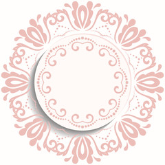 Round vector pink ornament with floral elements and arabesques. Pattern with arabesques. Fine greeting card