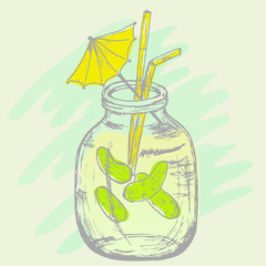 Pickled cucumbers in a bank hand drawn illustration