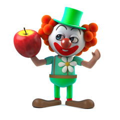 3d Funny cartoon clown character holding a juicy apple