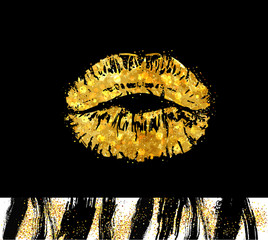 Grunge dirty brushes of mascara for eyes. Vector Kiss imprint with shimmer glitters and lights.
