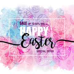 poster Happy Easter sales with eggs on watercolor background, flyer templates with lettering. Typography poster, card, label, banner design element. Vector illustration